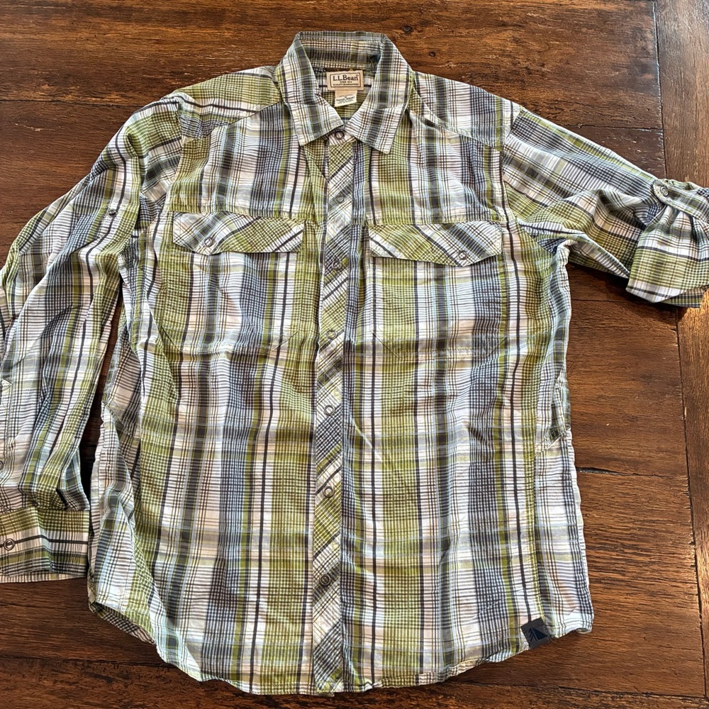 L.L. Bean Men's Green and White Plaid Button-Down Shirt
